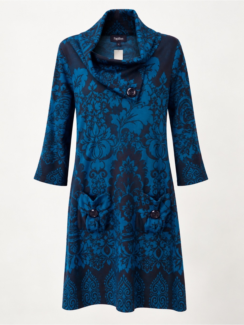 Papillon Teal & Black Baroque Knit Tunic Dress Cowl Neck Size Large
